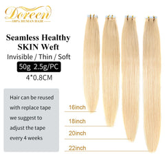 Doreen Brazilian Machine Remy Tape In Human Hair Extensions 16 to 24 Inch 20 Pcs 50g/Pack Silky Straight PU Seamless Skin Weft