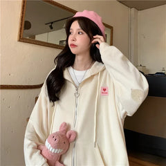 Chic Embroidered Hooded Korean Sweatshirt Women's Cardigan Autumn Thin Coat with Zipper Apricot Streetwear Hoodies (Size M-XL)