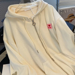 Chic Embroidered Hooded Korean Sweatshirt Women's Cardigan Autumn Thin Coat with Zipper Apricot Streetwear Hoodies (Size M-XL)