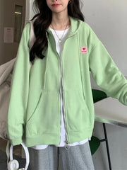 Chic Embroidered Hooded Korean Sweatshirt Women's Cardigan Autumn Thin Coat with Zipper Apricot Streetwear Hoodies (Size M-XL)