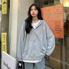 Chic Embroidered Hooded Korean Sweatshirt Women's Cardigan Autumn Thin Coat with Zipper Apricot Streetwear Hoodies (Size M-XL)
