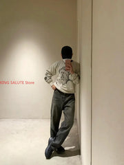 Winter Series SAINT Round Neck Oversized Men Sweater ARIES Print Beige Vintage Pullover Streetwear