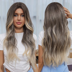 GEMMA Synthetic Hairline Lace Wig Dark Brown Highlight Long Natural Wavy Wigs Women Cosplay Daily Hair Wig Heat Resistant Fibre