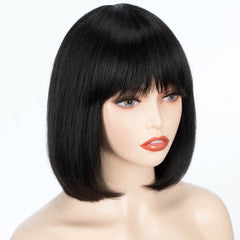 Sleek Straight Bob Human Hair Wigs With Bangs Brown Highlight Remy Brazilian Hair Wigs 100% Real Short Human Hair Wigs