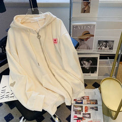 Chic Embroidered Hooded Korean Sweatshirt Women's Cardigan Autumn Thin Coat with Zipper Apricot Streetwear Hoodies (Size M-XL)