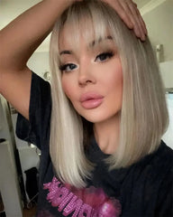 Full Human Hair Wigs with Bangs Glueless WEar and go Wig for Women Natural Straight Lace Front Wig Fringe Ombre Blonde Color Wig