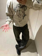 Winter Series SAINT Round Neck Oversized Men Sweater ARIES Print Beige Vintage Pullover Streetwear