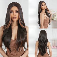 GEMMA Synthetic Hairline Lace Wig Dark Brown Highlight Long Natural Wavy Wigs Women Cosplay Daily Hair Wig Heat Resistant Fibre
