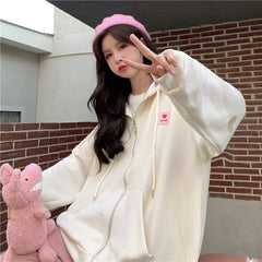 Chic Embroidered Hooded Korean Sweatshirt Women's Cardigan Autumn Thin Coat with Zipper Apricot Streetwear Hoodies (Size M-XL)