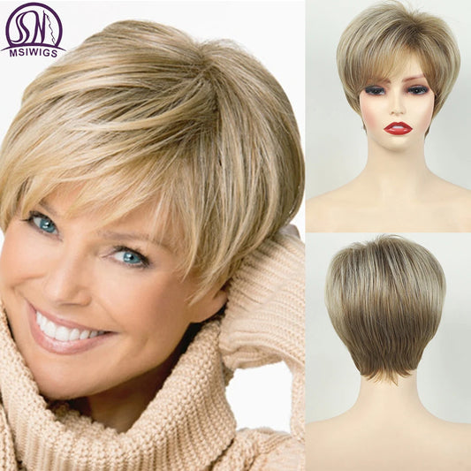 MSIWIGS Women's Short Pix Cut Blonde Straight Wig Natural Synthetic For White Lady Daily Wear High Tempreture Fiber