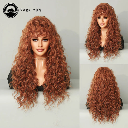 Long Blonde Red Curly Wig Bangs for Black Women Heat Resistant Synthetic Wigs Afro Natural Costume Party Daily Use Fake Hair