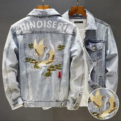 2023 Spring Vintage Embroidery Denim Jacket For Men Trendy Slim Fit Smooths Your Silhouette New Style Casual Clothing
