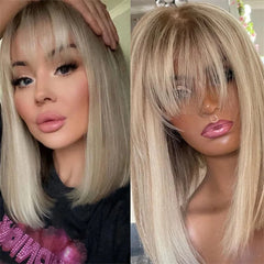 Full Human Hair Wigs with Bangs Glueless WEar and go Wig for Women Natural Straight Lace Front Wig Fringe Ombre Blonde Color Wig