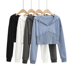 4 colors Harajuku Spliced Rib Fishbone Slim Waist Open Zipper Hooded Sweatshirt Women Cropped Hoodies Casual Jumper Short Sweats