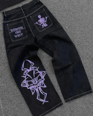 Hip Hop Y2K Jeans Mens Retro Skull Embroidery Washed Women's Denim Pants New Straight Casual Loose Wide Leg Trouser Streetwear