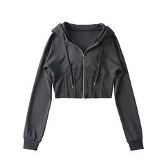 4 colors Harajuku Spliced Rib Fishbone Slim Waist Open Zipper Hooded Sweatshirt Women Cropped Hoodies Casual Jumper Short Sweats