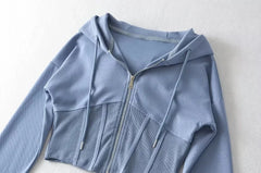 4 colors Harajuku Spliced Rib Fishbone Slim Waist Open Zipper Hooded Sweatshirt Women Cropped Hoodies Casual Jumper Short Sweats