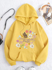 Flowers And Butterflies Hoodie Women Plants Prints Sweatshirt Fleece Warm Pocket Loose Pullover Street Comfortable Woman Clothes