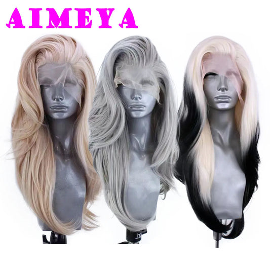 AIMEYA Silver Grey Lace Wig Heat Resistant Synthetic Lace Front Wig Long Natural Wave Mix Blonde Lace Wigs Daily Use Cosplay