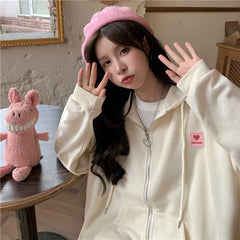 Chic Embroidered Hooded Korean Sweatshirt Women's Cardigan Autumn Thin Coat with Zipper Apricot Streetwear Hoodies (Size M-XL)