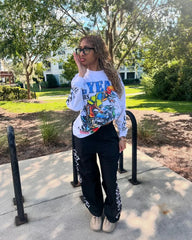 High Street Retro Trendy Brand Fashion Long-sleeved Anime Cartoon Print Oversized Top Men Y2k Harajuku Hip-hop Versatile T-shirt