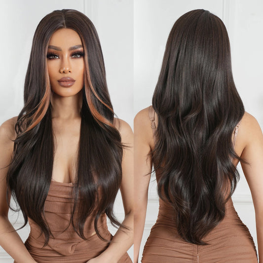 GEMMA Synthetic Hairline Lace Wig Dark Brown Highlight Long Natural Wavy Wigs Women Cosplay Daily Hair Wig Heat Resistant Fibre
