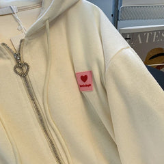 Chic Embroidered Hooded Korean Sweatshirt Women's Cardigan Autumn Thin Coat with Zipper Apricot Streetwear Hoodies (Size M-XL)