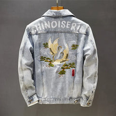 2023 Spring Vintage Embroidery Denim Jacket For Men Trendy Slim Fit Smooths Your Silhouette New Style Casual Clothing