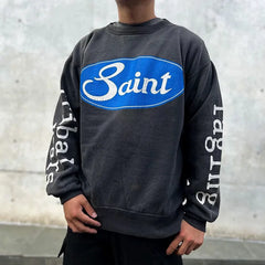 Winter Series SAINT Round Neck Oversized Men Sweater ARIES Print Beige Vintage Pullover Streetwear