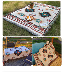 Aztec Blanket, Oversized Boho Throw Blanket with Fringe, Southwestern Geometric Tapestry Vintage Woven Throw Blankets, Double-Si
