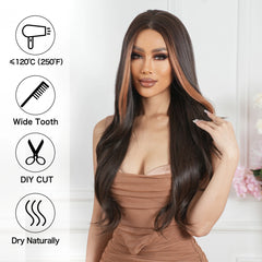 GEMMA Synthetic Hairline Lace Wig Dark Brown Highlight Long Natural Wavy Wigs Women Cosplay Daily Hair Wig Heat Resistant Fibre