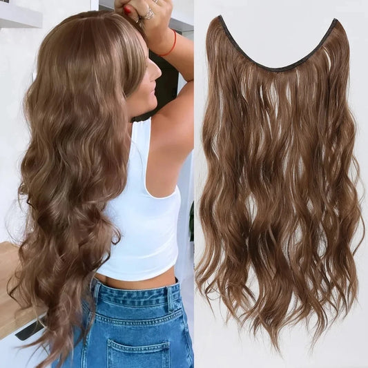 Synthetic Long Wavy No Clip Hair Extension Brown Artificial Fish Line False Hairpiece Natural Hair for Women Heat Resistant