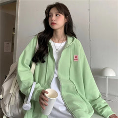 Chic Embroidered Hooded Korean Sweatshirt Women's Cardigan Autumn Thin Coat with Zipper Apricot Streetwear Hoodies (Size M-XL)