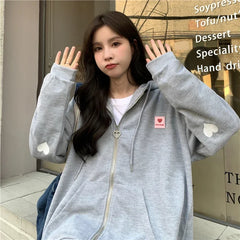 Chic Embroidered Hooded Korean Sweatshirt Women's Cardigan Autumn Thin Coat with Zipper Apricot Streetwear Hoodies (Size M-XL)