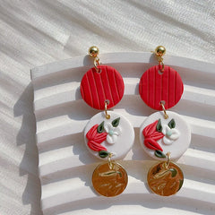 AENSOA Handmade Red Heart Floral Pattern Polymer Clay Earrings for Women Girls Romantic Earrings Valentine's Day Jewelry Gifts