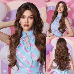 GEMMA Synthetic Hairline Lace Wig Dark Brown Highlight Long Natural Wavy Wigs Women Cosplay Daily Hair Wig Heat Resistant Fibre