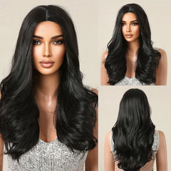 GEMMA Synthetic Hairline Lace Wig Dark Brown Highlight Long Natural Wavy Wigs Women Cosplay Daily Hair Wig Heat Resistant Fibre