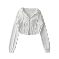 4 colors Harajuku Spliced Rib Fishbone Slim Waist Open Zipper Hooded Sweatshirt Women Cropped Hoodies Casual Jumper Short Sweats