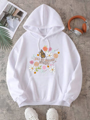 Flowers And Butterflies Hoodie Women Plants Prints Sweatshirt Fleece Warm Pocket Loose Pullover Street Comfortable Woman Clothes