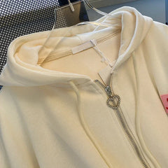 Chic Embroidered Hooded Korean Sweatshirt Women's Cardigan Autumn Thin Coat with Zipper Apricot Streetwear Hoodies (Size M-XL)