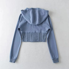 4 colors Harajuku Spliced Rib Fishbone Slim Waist Open Zipper Hooded Sweatshirt Women Cropped Hoodies Casual Jumper Short Sweats