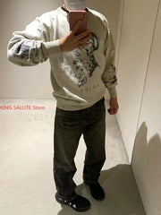 Winter Series SAINT Round Neck Oversized Men Sweater ARIES Print Beige Vintage Pullover Streetwear