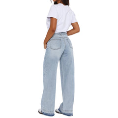 Denim Pant Women Mom Jeans Long Pants Mid Waist Straight Trousers Y2k Streetwear Elegant Splice Club Simple Spring 2025 Blue