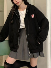 Chic Embroidered Hooded Korean Sweatshirt Women's Cardigan Autumn Thin Coat with Zipper Apricot Streetwear Hoodies (Size M-XL)