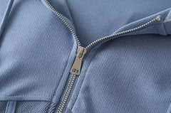 4 colors Harajuku Spliced Rib Fishbone Slim Waist Open Zipper Hooded Sweatshirt Women Cropped Hoodies Casual Jumper Short Sweats