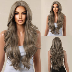 GEMMA Synthetic Hairline Lace Wig Dark Brown Highlight Long Natural Wavy Wigs Women Cosplay Daily Hair Wig Heat Resistant Fibre