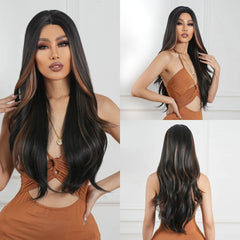 GEMMA Synthetic Hairline Lace Wig Dark Brown Highlight Long Natural Wavy Wigs Women Cosplay Daily Hair Wig Heat Resistant Fibre