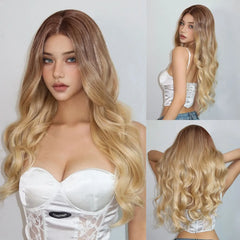 GEMMA Synthetic Hairline Lace Wig Dark Brown Highlight Long Natural Wavy Wigs Women Cosplay Daily Hair Wig Heat Resistant Fibre