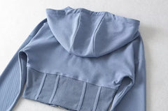 4 colors Harajuku Spliced Rib Fishbone Slim Waist Open Zipper Hooded Sweatshirt Women Cropped Hoodies Casual Jumper Short Sweats