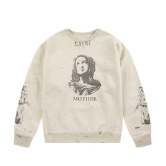 Winter Series SAINT Round Neck Oversized Men Sweater ARIES Print Beige Vintage Pullover Streetwear
